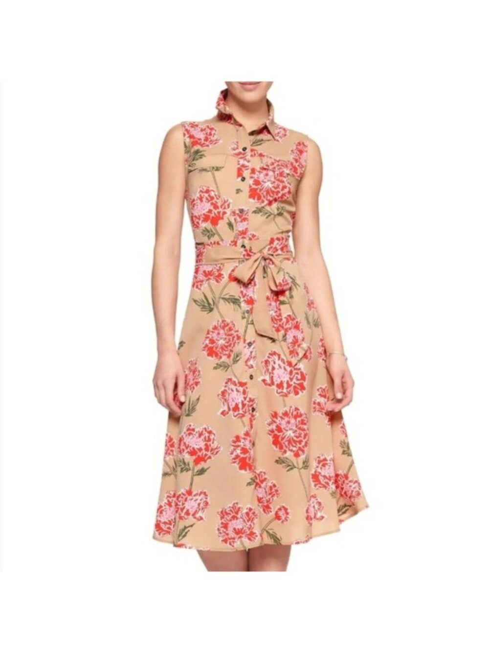 Banana Republic Shirt Dress Size 6 Petite Midi Beige Floral Print Sleeveless